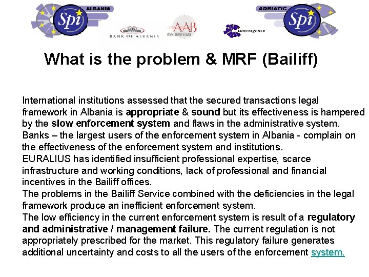 What is the problem & MRF (Bailiff) International institutions assessed that the secured transactions