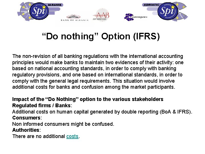 “Do nothing” Option (IFRS) The non-revision of all banking regulations with the international accounting