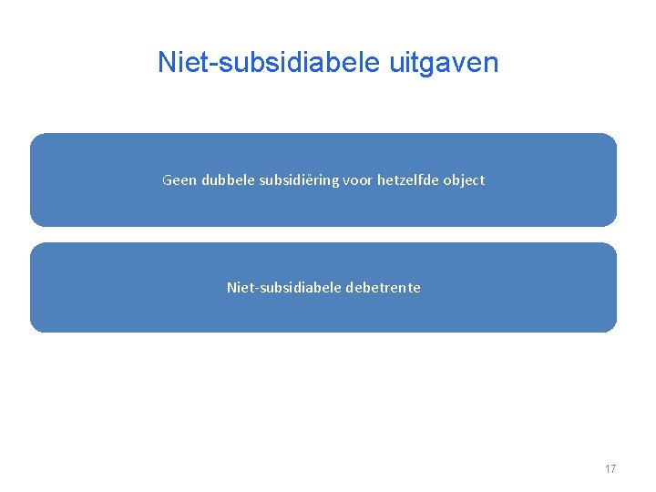 Niet-subsidiabele uitgaven Geen dubbele subsidiëring voor hetzelfde object Niet-subsidiabele debetrente 17 