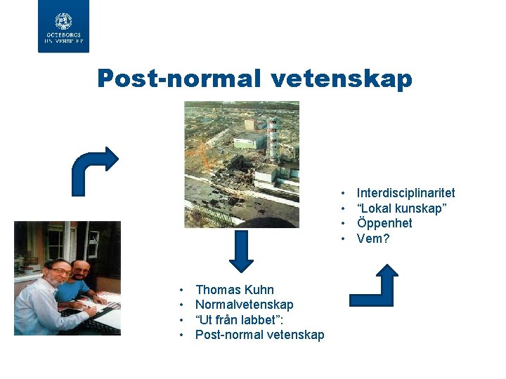 Post-normal vetenskap • • Thomas Kuhn Normalvetenskap “Ut från labbet”: Post-normal vetenskap Interdisciplinaritet “Lokal