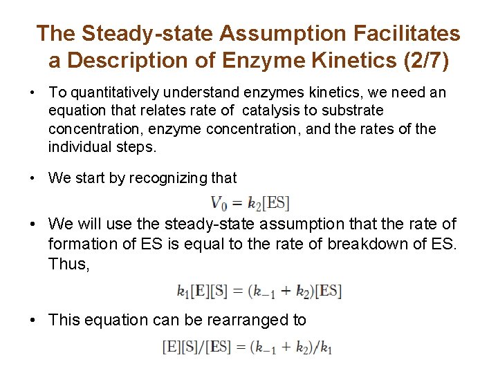 The Steady-state Assumption Facilitates a Description of Enzyme Kinetics (2/7) • To quantitatively understand