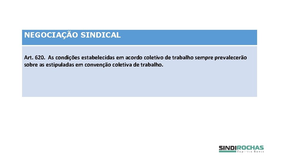 NEGOCIAÇÃO SINDICAL Art. 620. As condições estabelecidas em acordo coletivo de trabalho sempre prevalecerão