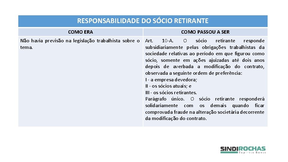 RESPONSABILIDADE DO SÓCIO RETIRANTE COMO ERA COMO PASSOU A SER Não havia previsão na