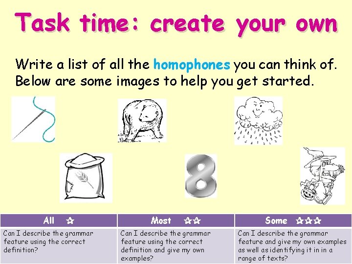 Task time: create your own Write a list of all the homophones you can