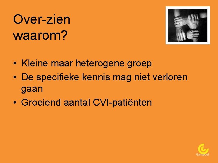 Over-zien waarom? • Kleine maar heterogene groep • De specifieke kennis mag niet verloren