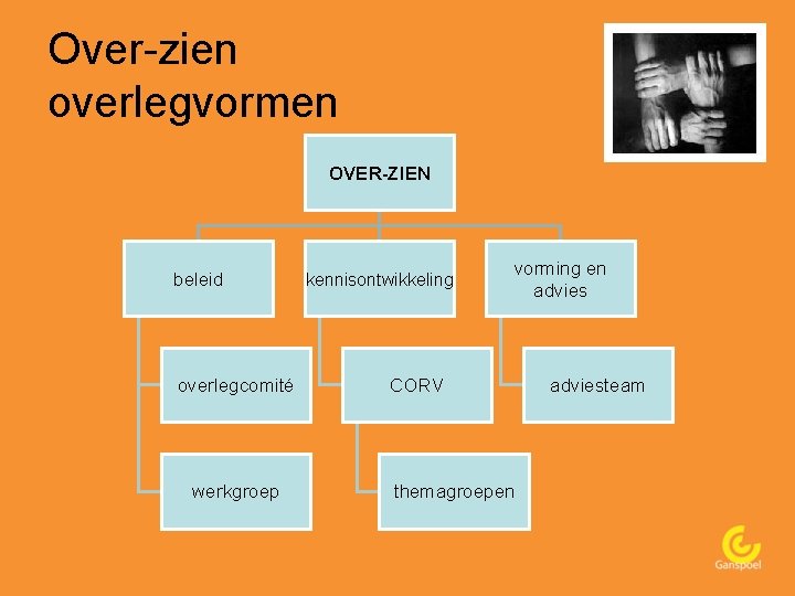 Over-zien overlegvormen OVER-ZIEN beleid overlegcomité werkgroep kennisontwikkeling vorming en advies CORV themagroepen adviesteam 