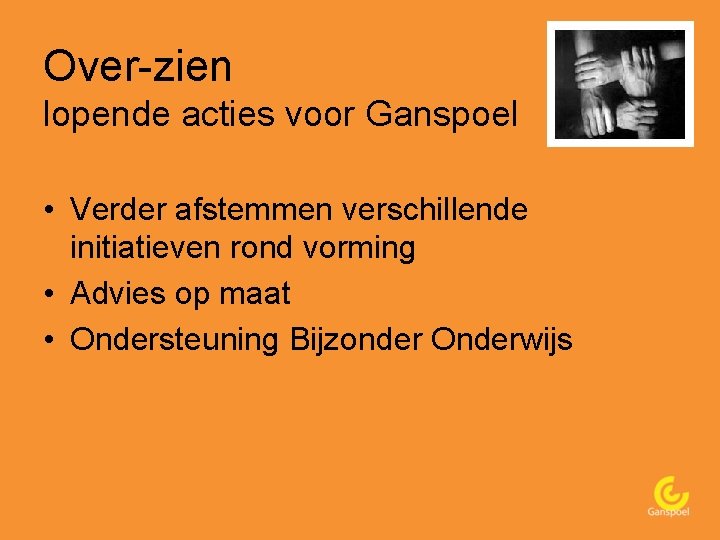 Over-zien lopende acties voor Ganspoel • Verder afstemmen verschillende initiatieven rond vorming • Advies