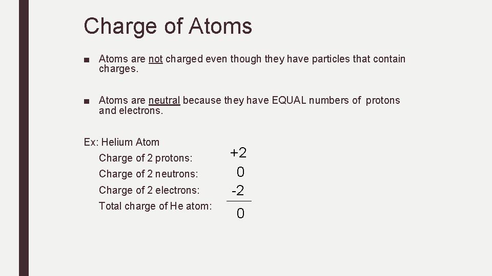 Charge of Atoms ■ Atoms are not charged even though they have particles that Charge of Atoms ■ Atoms are not charged even though they have particles that