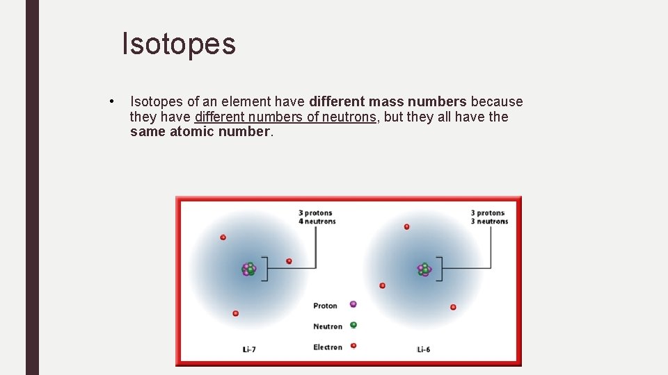 Isotopes • Isotopes of an element have different mass numbers because they have different