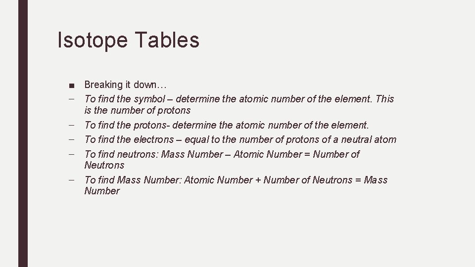 Isotope Tables ■ Breaking it down… – To find the symbol – determine the Isotope Tables ■ Breaking it down… – To find the symbol – determine the