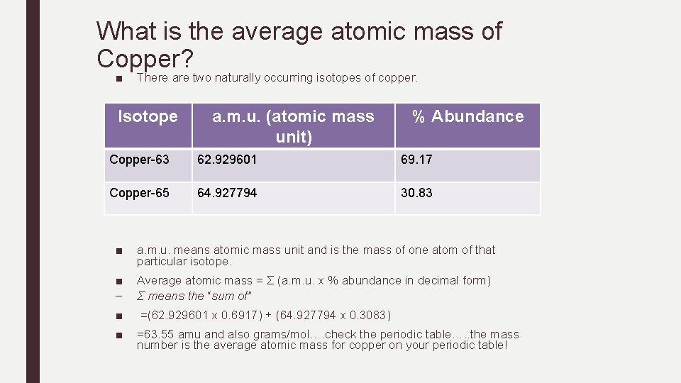 What is the average atomic mass of Copper? ■ There are two naturally occurring What is the average atomic mass of Copper? ■ There are two naturally occurring
