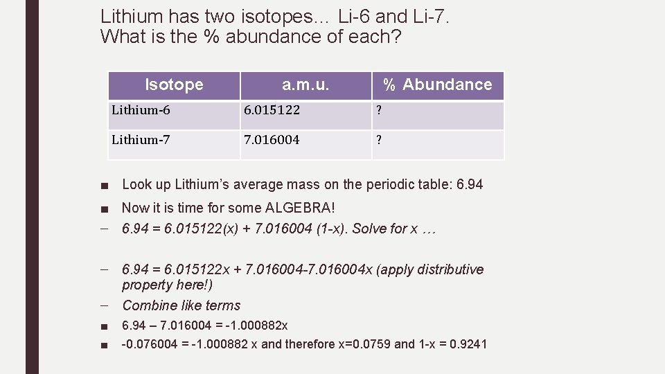 Lithium has two isotopes… Li-6 and Li-7. What is the % abundance of each? Lithium has two isotopes… Li-6 and Li-7. What is the % abundance of each?