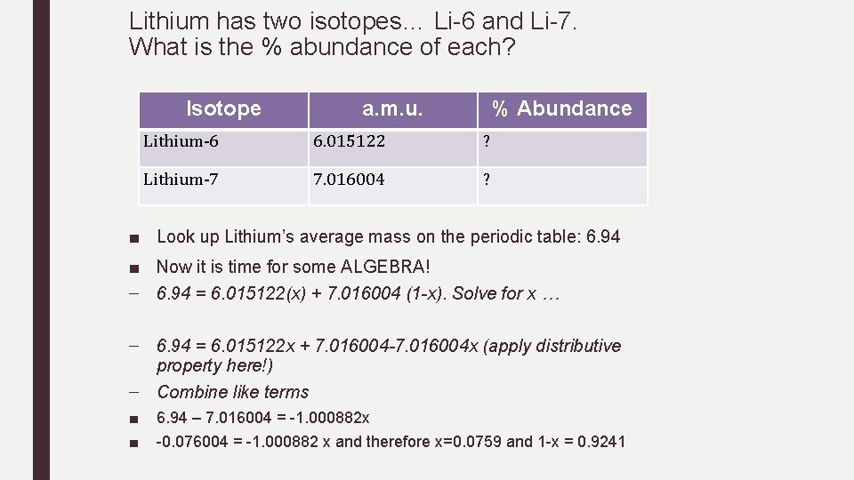 Lithium has two isotopes… Li-6 and Li-7. What is the % abundance of each?