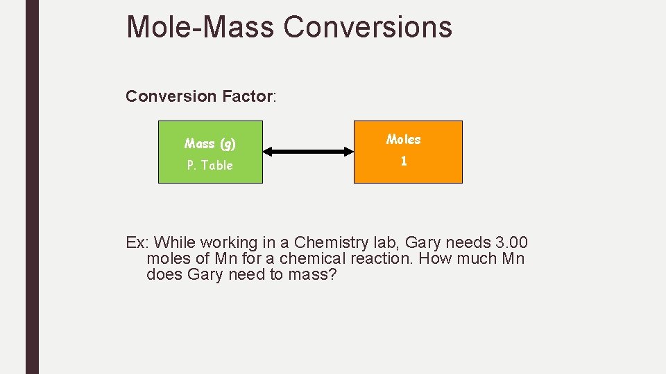 Mole-Mass Conversion Factor: Mass (g) Moles P. Table 1 Ex: While working in a