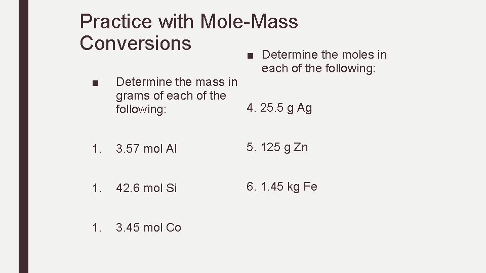 Practice with Mole-Mass Conversions ■ Determine the moles in each of the following: ■ Practice with Mole-Mass Conversions ■ Determine the moles in each of the following: ■