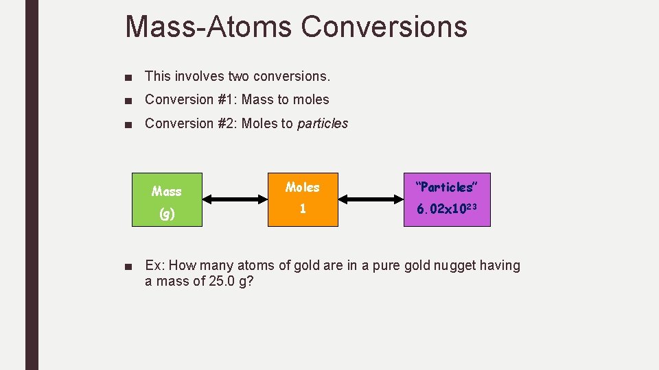 Mass-Atoms Conversions ■ This involves two conversions. ■ Conversion #1: Mass to moles ■