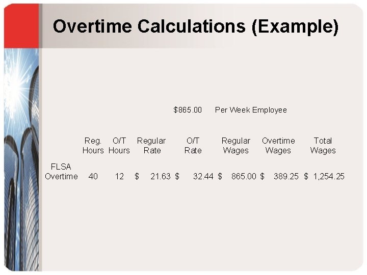 Overtime Calculations (Example) $865. 00 Reg. O/T Regular Hours Rate FLSA Overtime 40 12