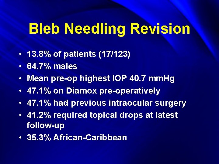 Bleb Needling Revision • • • 13. 8% of patients (17/123) 64. 7% males