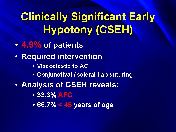 Clinically Significant Early Hypotony (CSEH) • 4. 9% of patients • Required intervention •