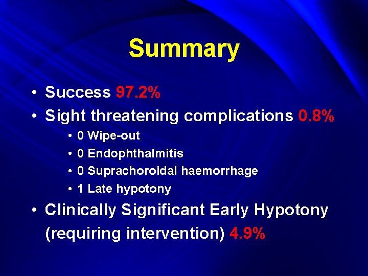 Summary • Success 97. 2% • Sight threatening complications 0. 8% • • 0