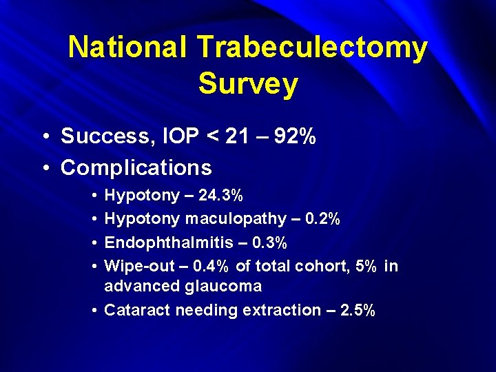 National Trabeculectomy Survey • Success, IOP < 21 – 92% • Complications • •