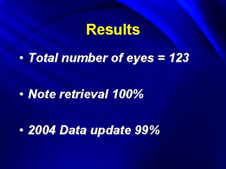 Results • Total number of eyes = 123 • Note retrieval 100% • 2004