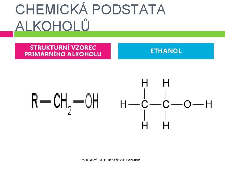 CHEMICKÁ PODSTATA ALKOHOLŮ STRUKTURNÍ VZOREC PRIMÁRNÍHO ALKOHOLU ZŠ a MŠ tř. Dr. E. Beneše