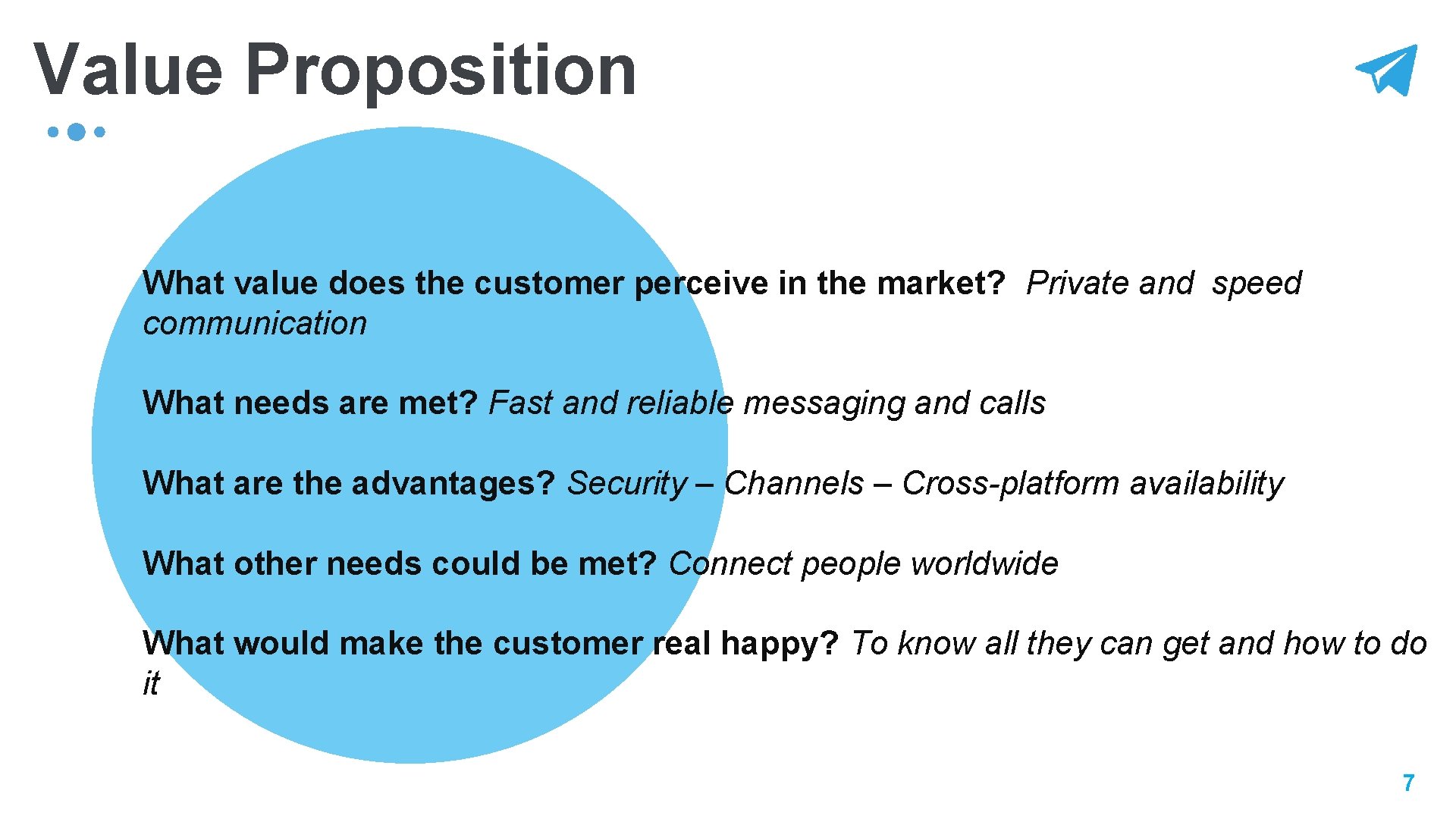 Value Proposition What value does the customer perceive in the market? Private and speed