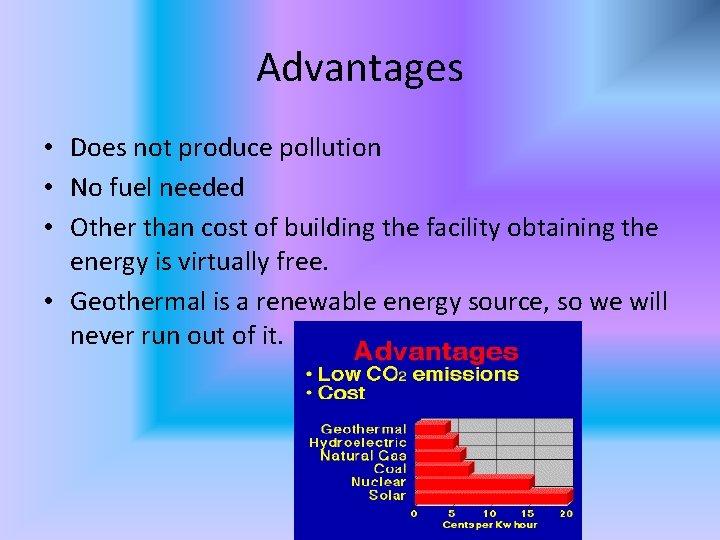 Advantages • Does not produce pollution • No fuel needed • Other than cost