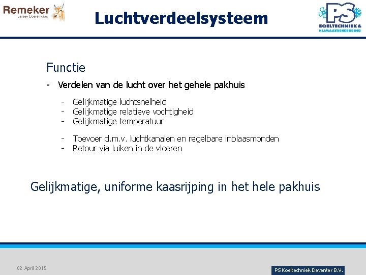 Luchtverdeelsysteem Functie - Verdelen van de lucht over het gehele pakhuis - Gelijkmatige luchtsnelheid