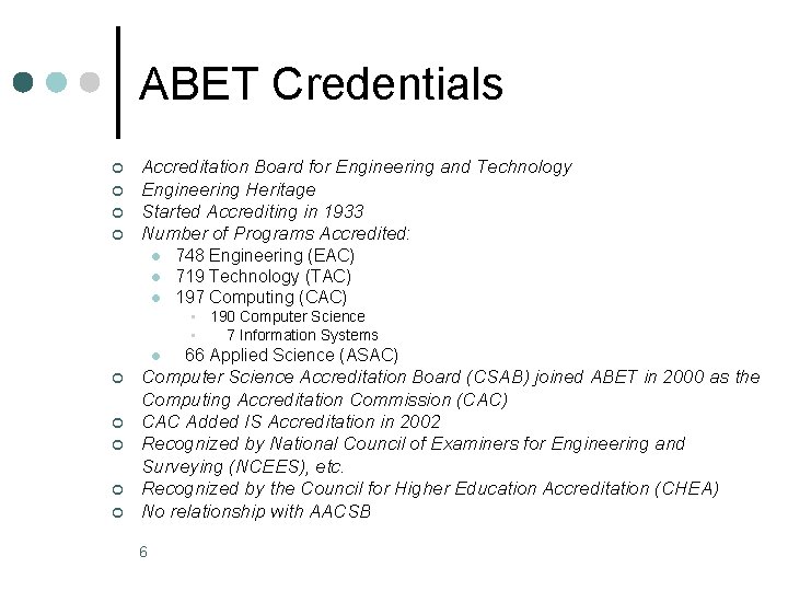 ABET Credentials ¢ ¢ Accreditation Board for Engineering and Technology Engineering Heritage Started Accrediting