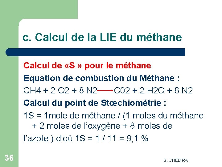 c. Calcul de la LIE du méthane Calcul de «S » pour le méthane