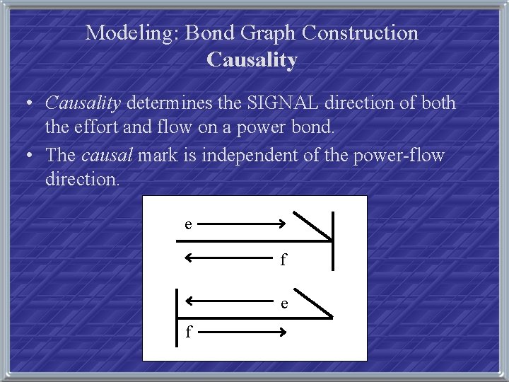 Modeling: Bond Graph Construction Causality • Causality determines the SIGNAL direction of both the