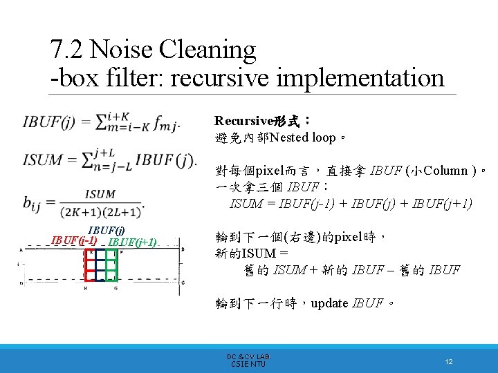 7. 2 Noise Cleaning -box filter: recursive implementation Recursive形式： 避免內部Nested loop。 對每個pixel而言，直接拿 IBUF (小Column