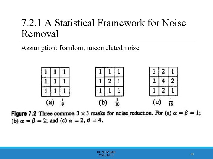 7. 2. 1 A Statistical Framework for Noise Removal Assumption: Random, uncorrelated noise DC