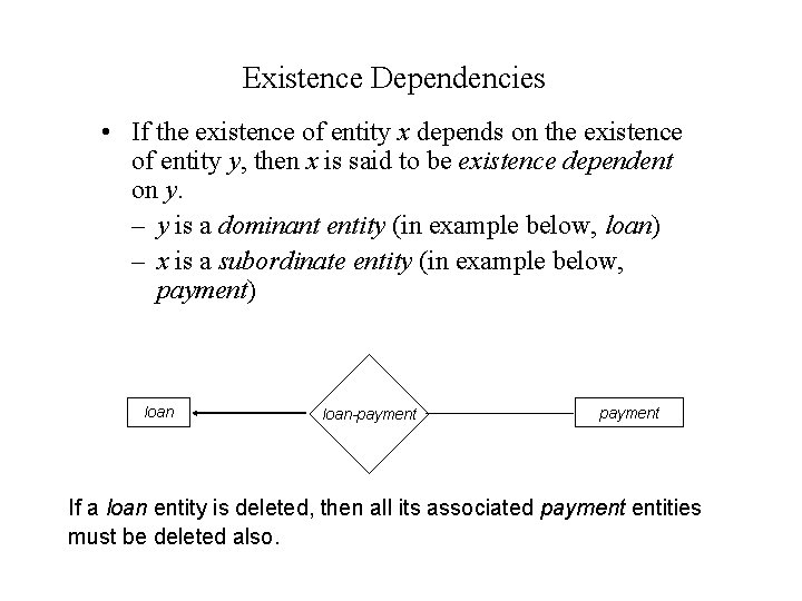 Existence Dependencies • If the existence of entity x depends on the existence of