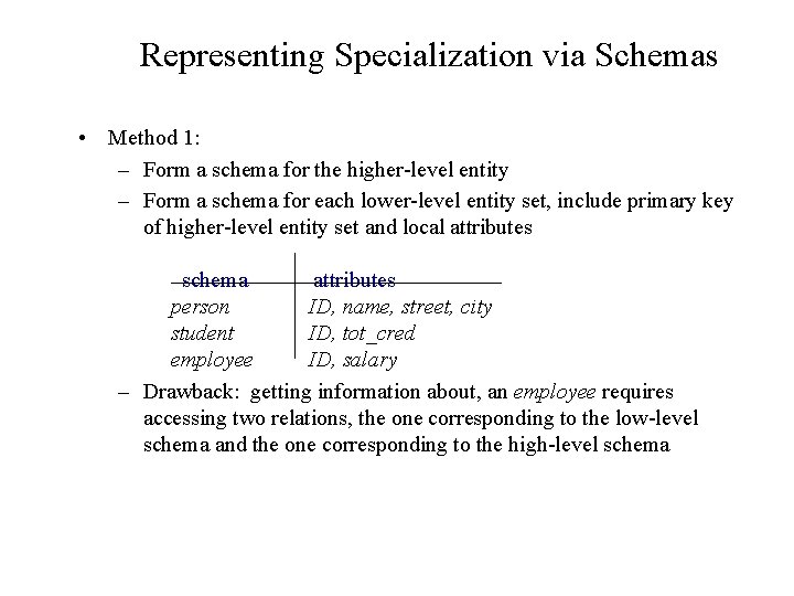 Representing Specialization via Schemas • Method 1: – Form a schema for the higher-level