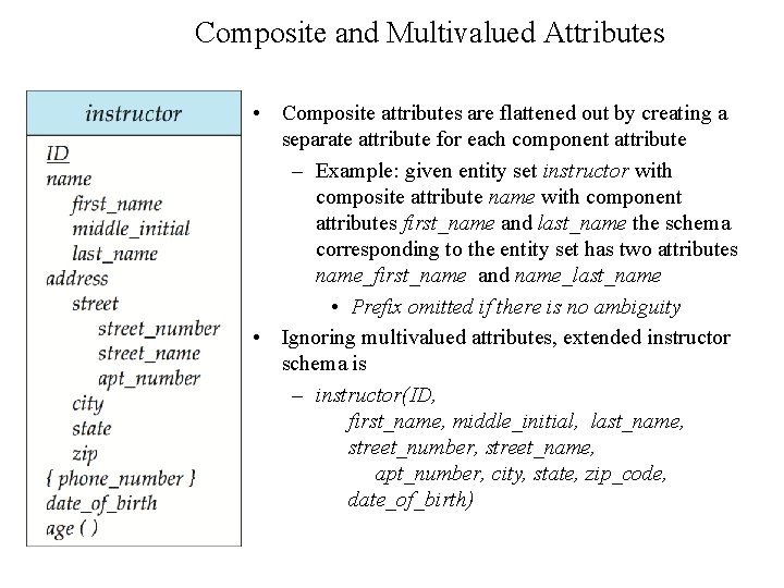 Composite and Multivalued Attributes • Composite attributes are flattened out by creating a separate