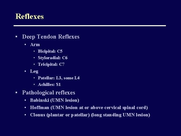Reflexes • Deep Tendon Reflexes • Arm • Bicipital: C 5 • Styloradial: C