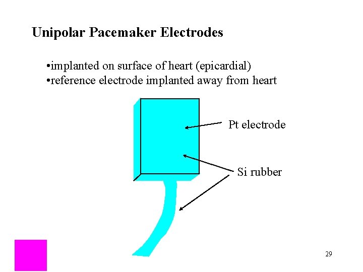 Unipolar Pacemaker Electrodes • implanted on surface of heart (epicardial) • reference electrode implanted