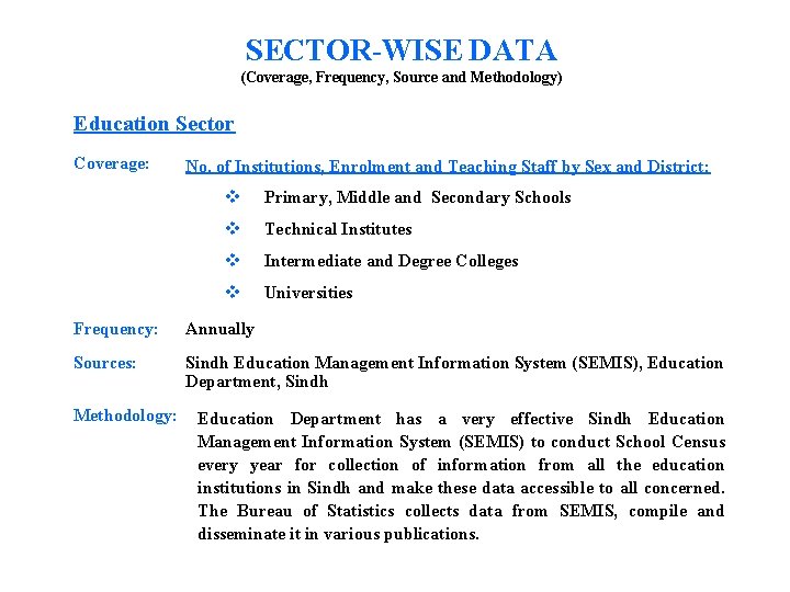 SECTOR-WISE DATA (Coverage, Frequency, Source and Methodology) Education Sector Coverage: No. of Institutions, Enrolment