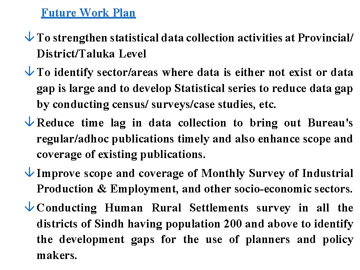 Future Work Plan â To strengthen statistical data collection activities at Provincial/ District/Taluka Level