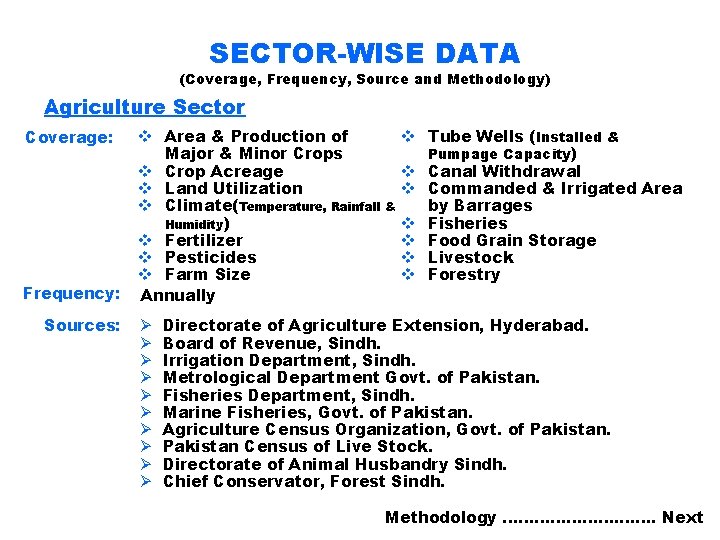 SECTOR-WISE DATA (Coverage, Frequency, Source and Methodology) Agriculture Sector Coverage: Frequency: Sources: v Area