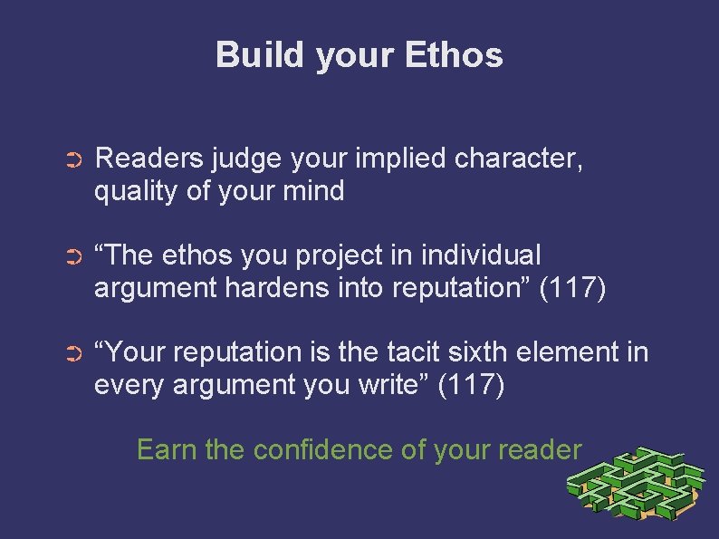 Build your Ethos ➲ Readers judge your implied character, quality of your mind ➲