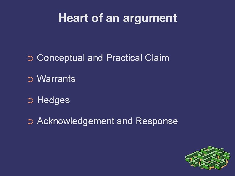 Heart of an argument ➲ Conceptual and Practical Claim ➲ Warrants ➲ Hedges ➲