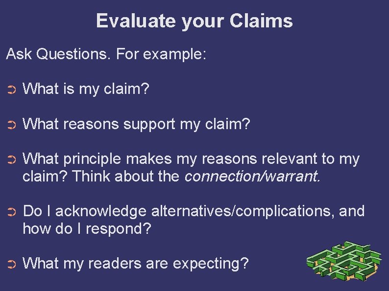 Evaluate your Claims Ask Questions. For example: ➲ What is my claim? ➲ What
