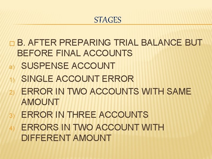 STAGES � B. AFTER PREPARING TRIAL BALANCE BUT BEFORE FINAL ACCOUNTS a) SUSPENSE ACCOUNT