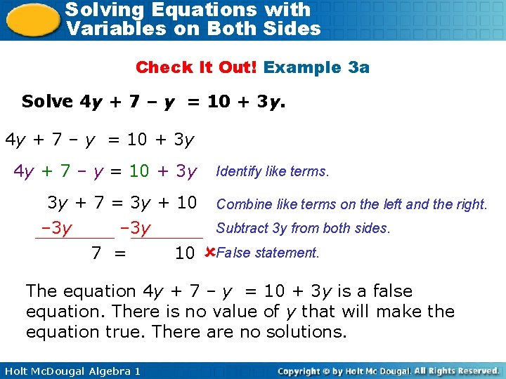 Solving Equations with Variables on Both Sides Check It Out! Example 3 a Solve