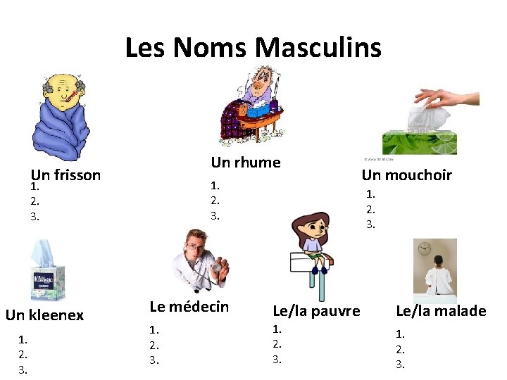 Les Noms Masculins Un rhume Un frisson 1. 2. 3. Un kleenex 1. 2.