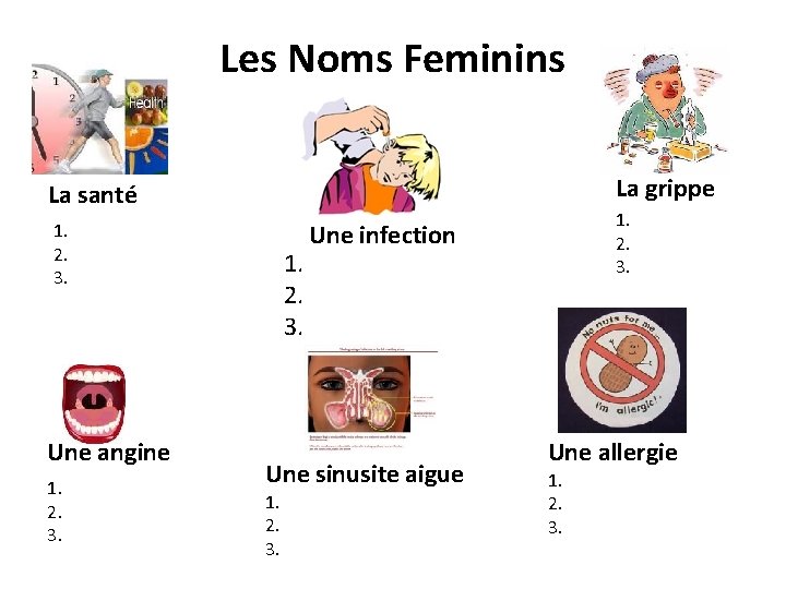 Les Noms Feminins La grippe La santé 1. 2. 3. Une angine 1. 2.